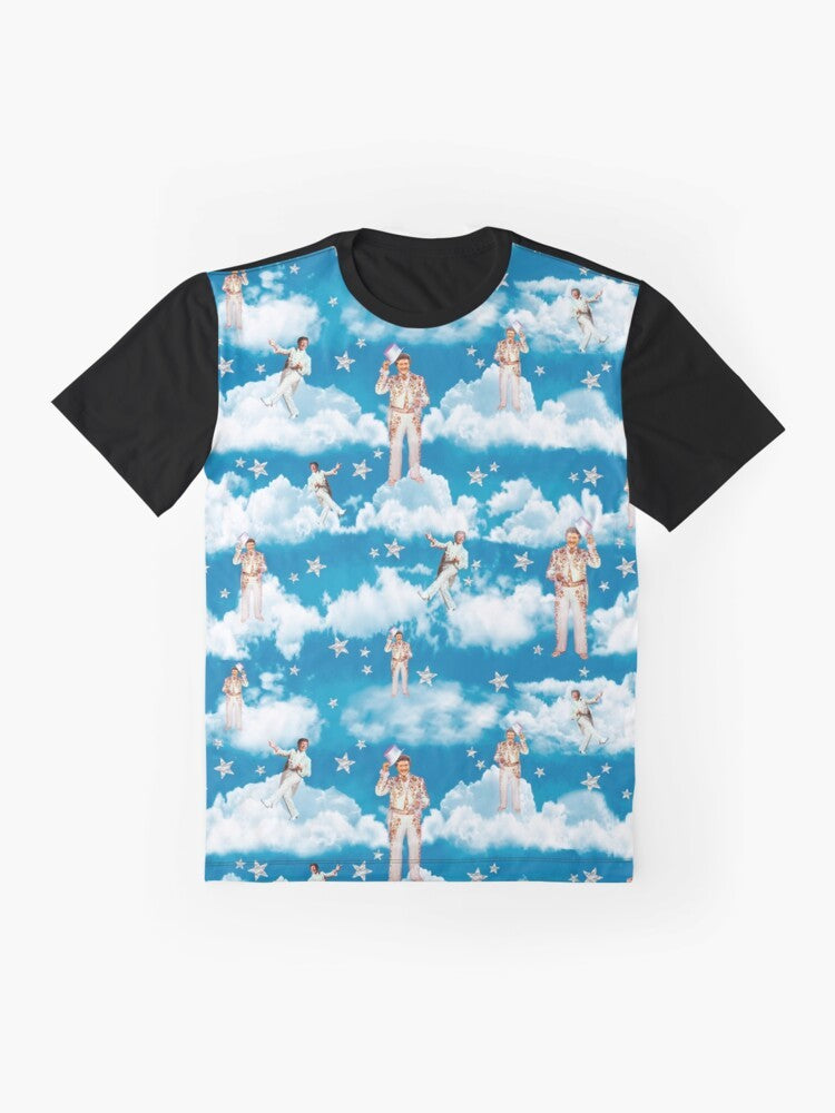 Graphic t-shirt featuring Liberace in heaven with a gold piano and glamorous design - Flat lay