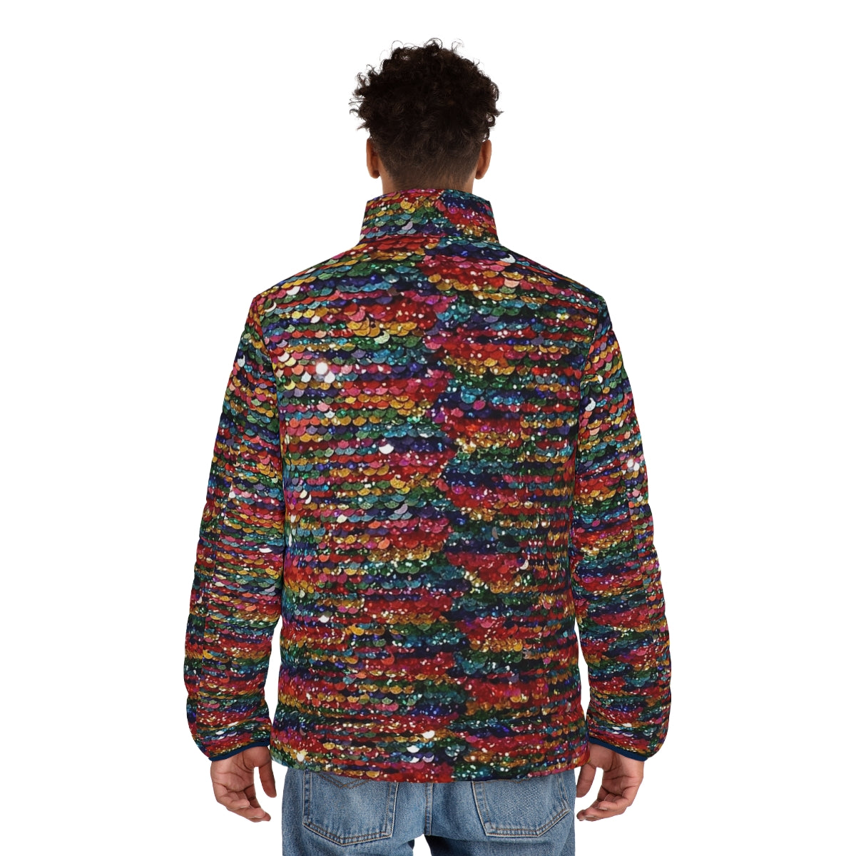 Vibrant rainbow sequin puffer jacket with a sparkling, iridescent finish - men back