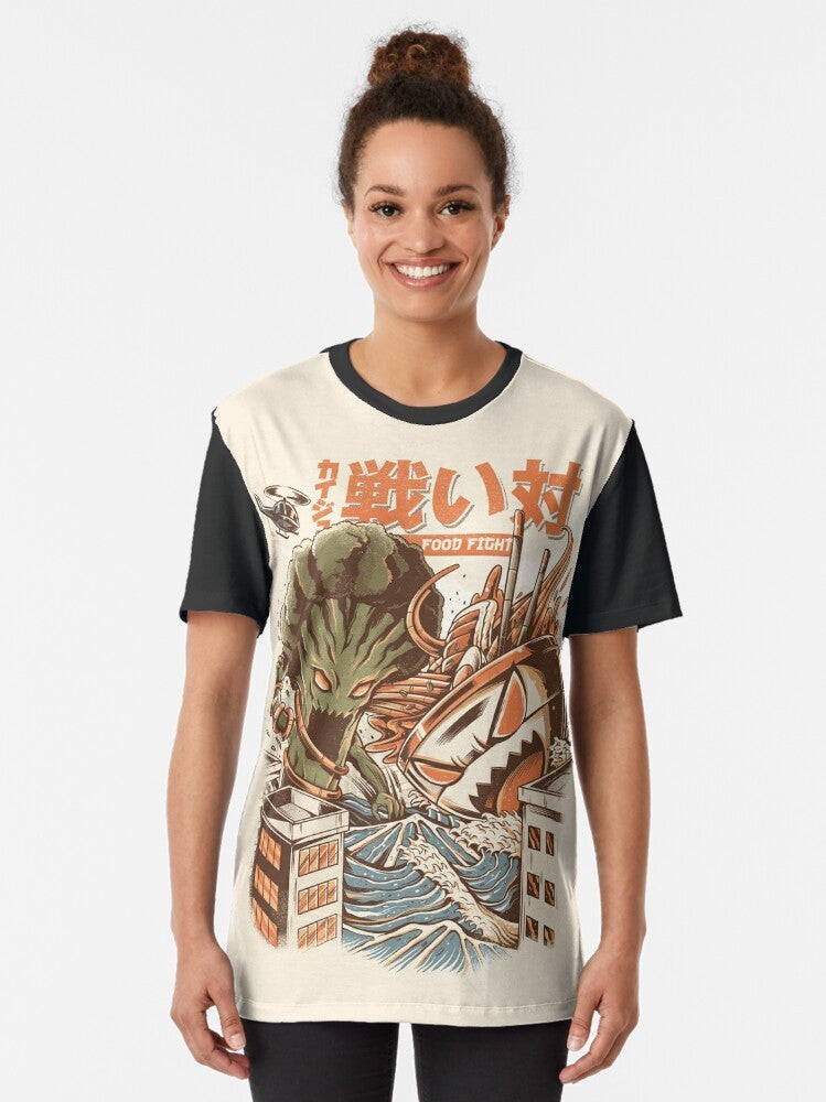 Anime-inspired graphic t-shirt featuring a fight between a ramen kaiju and broccoli monster - Women