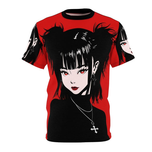 A black t-shirt featuring a pretty anime-style goth girl in a dark, alternative fashion style.