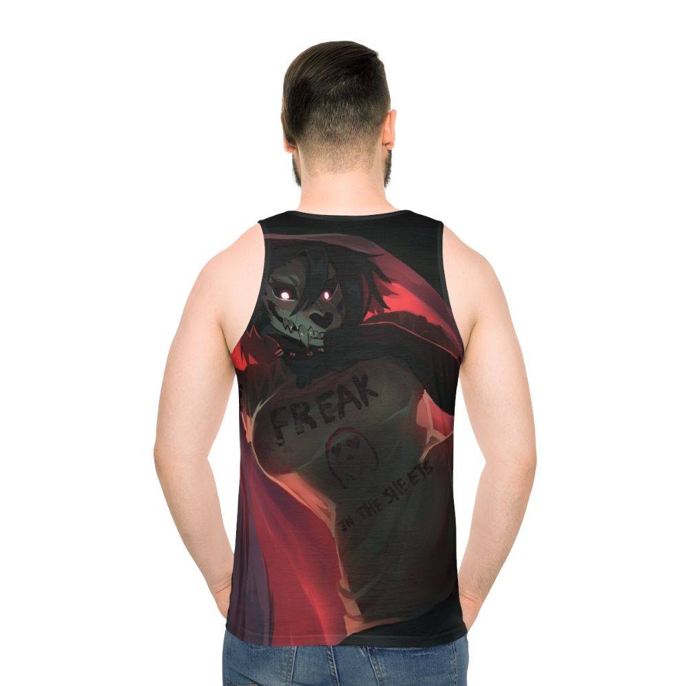 SCP-1471 Unisex Tank Top featuring a werewolf or skull dog design - men back