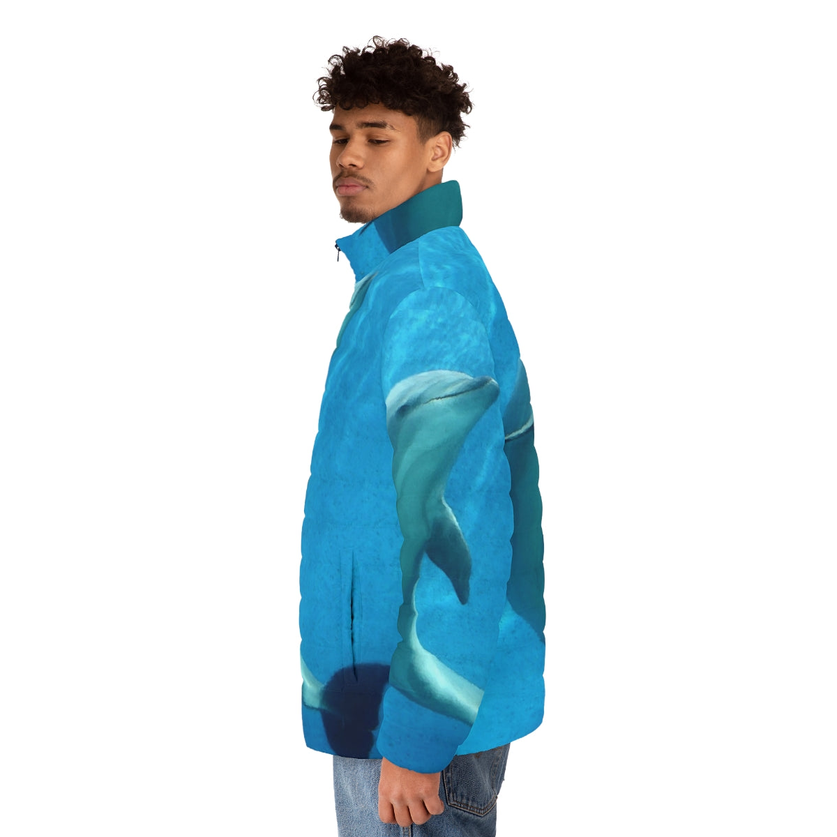 Dolphin puffer jacket with abstract patterns and fantasy design - men side left