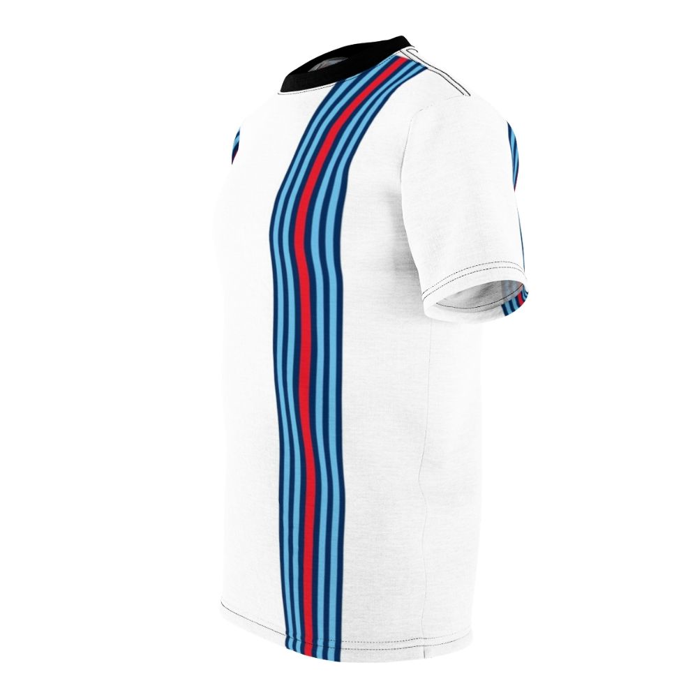 Vintage-inspired racing stripes graphic on a high-quality t-shirt for classic car and motorsports fans - men left