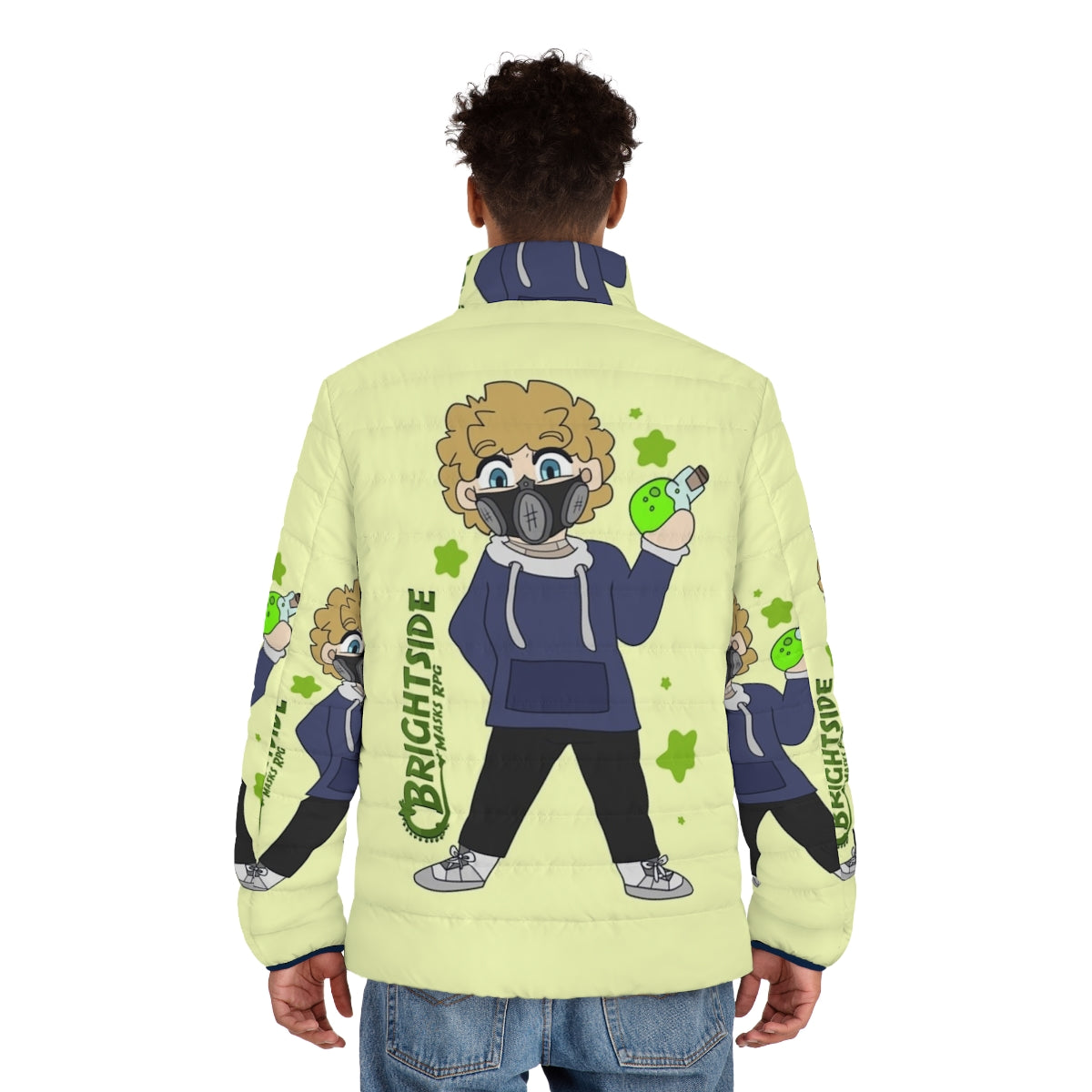 Puffer jacket with Brightside chibi character design - men back