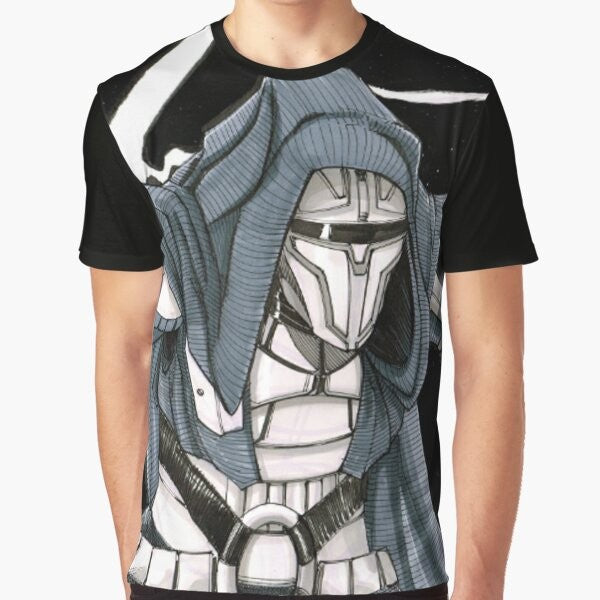 Darth Revan, a powerful Sith Lord from the Star Wars universe, featured on a high-quality graphic t-shirt.