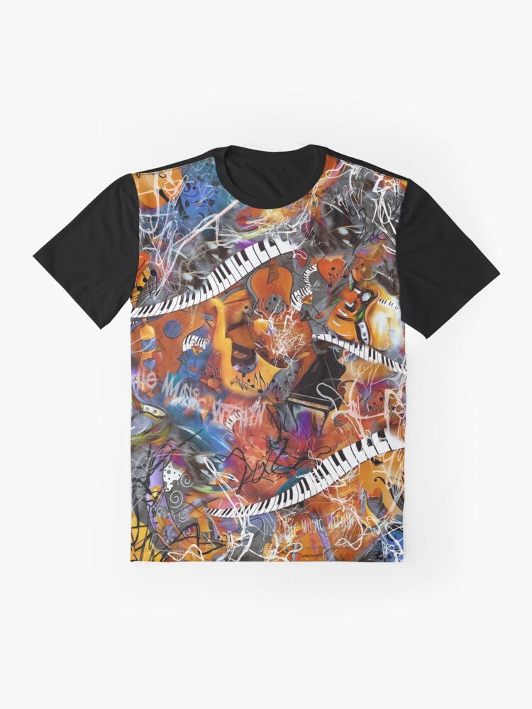 Abstract scribble design featuring various musical instruments like saxophone, piano, and keyboard on a graphic t-shirt for music lovers. - Flat lay