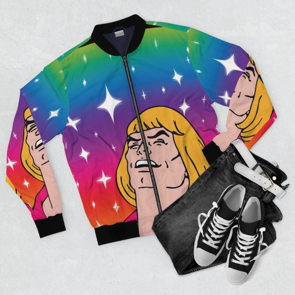 He-Man Masters of the Universe Bomber Jacket with rainbow and meme design - Flat lay