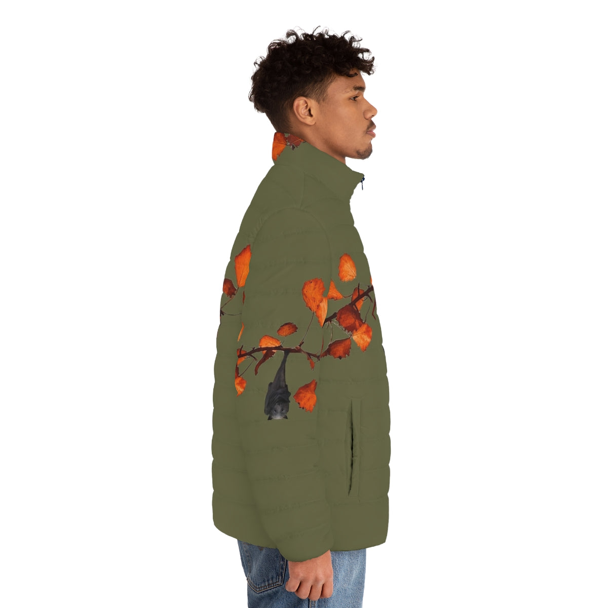 Moss green puffer jacket with a cute hanging bat design - men side right