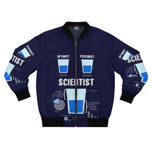 Funny "Optimist vs Pessimist" bomber jacket for scientists, featuring a pun design with science symbols and text