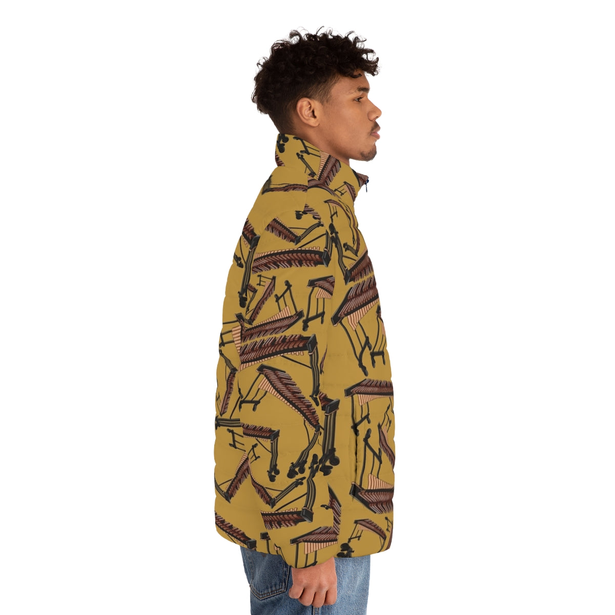 A yellow puffer jacket with a xylophone musical instrument pattern, perfect for musicians and percussionists. - men side right