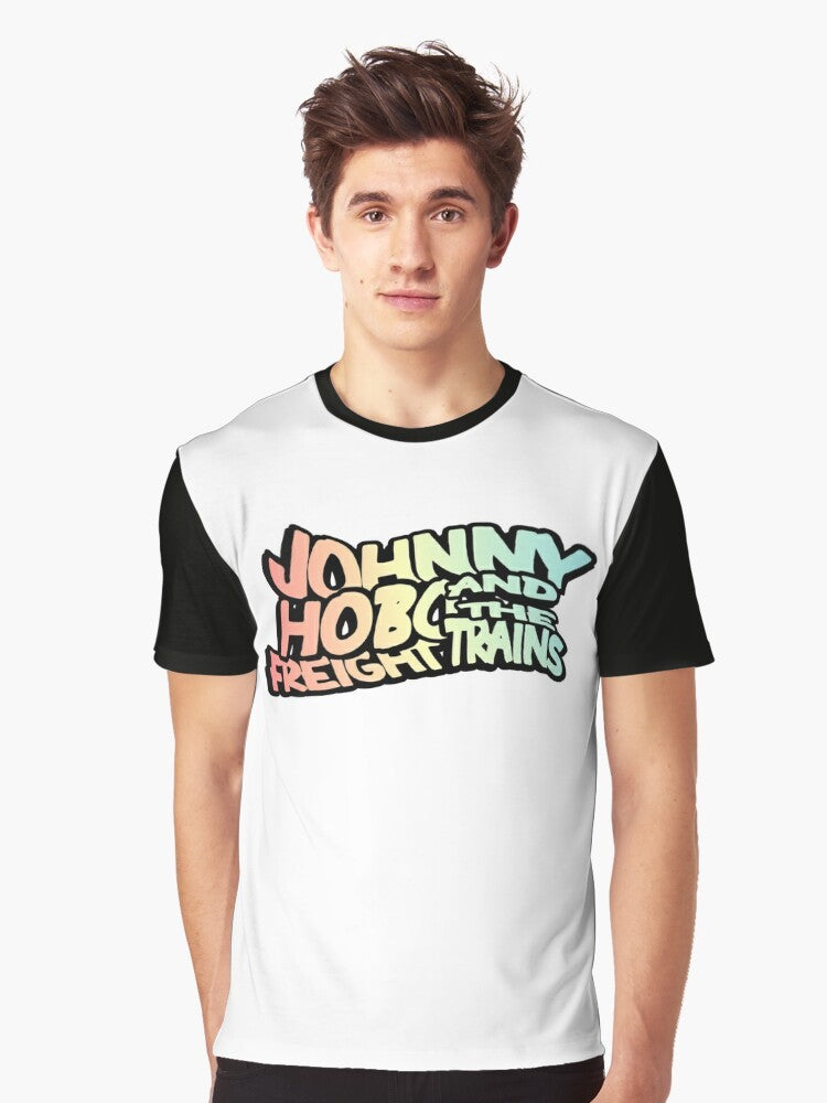 Johnny Hobo and the Freight Trains Graphic T-Shirt featuring a folk punk design with a Hobo, trains, and anarchist symbols - Men