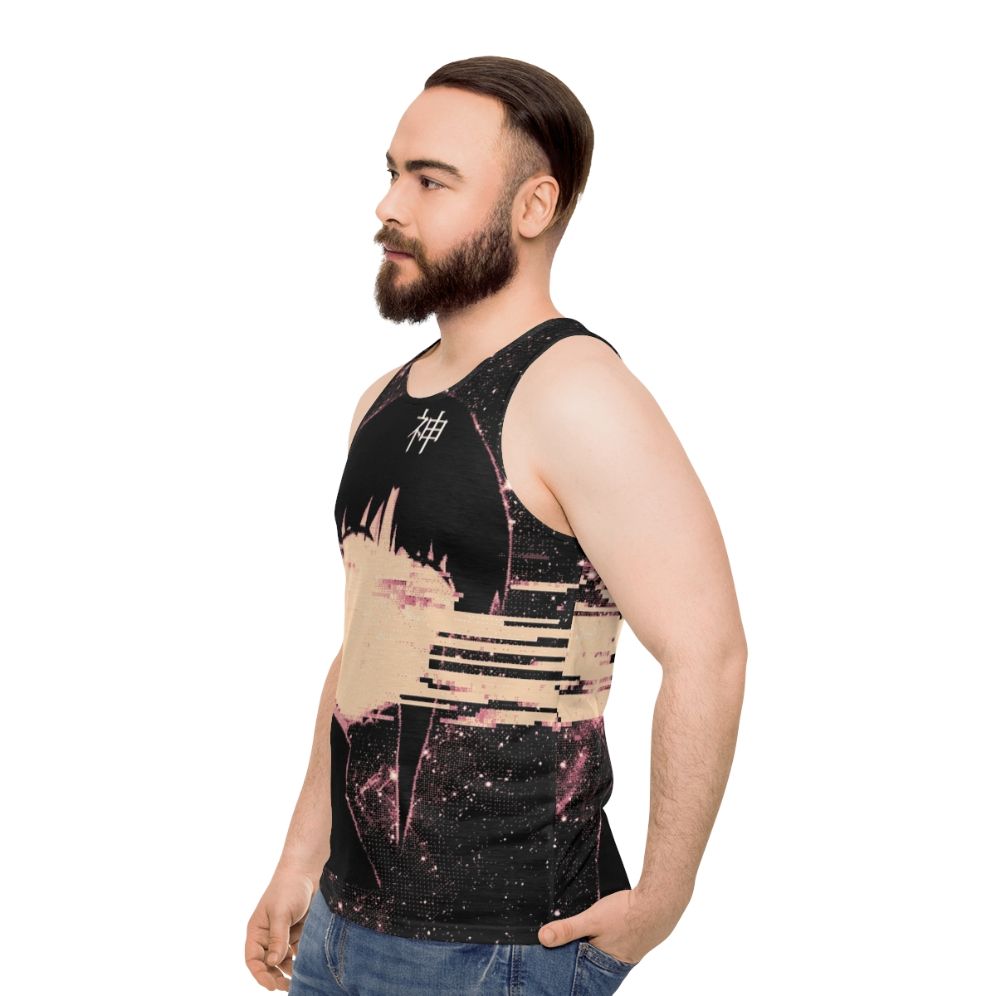 Cosmic unisex tank top with space, glitch and pixel art design - men side