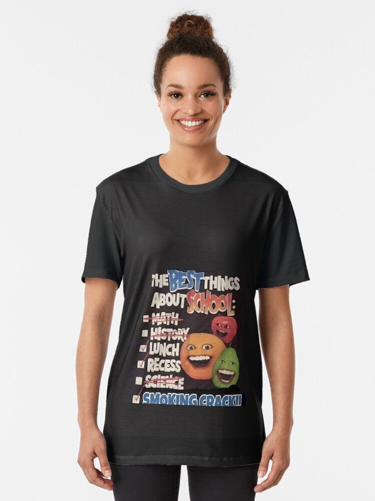 Annoying Orange graphic t-shirt featuring a smiling orange face and the text "Best Things About School" - Women