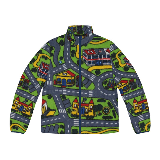 Retro 90s road carpet puffer jacket with nostalgic artsy design