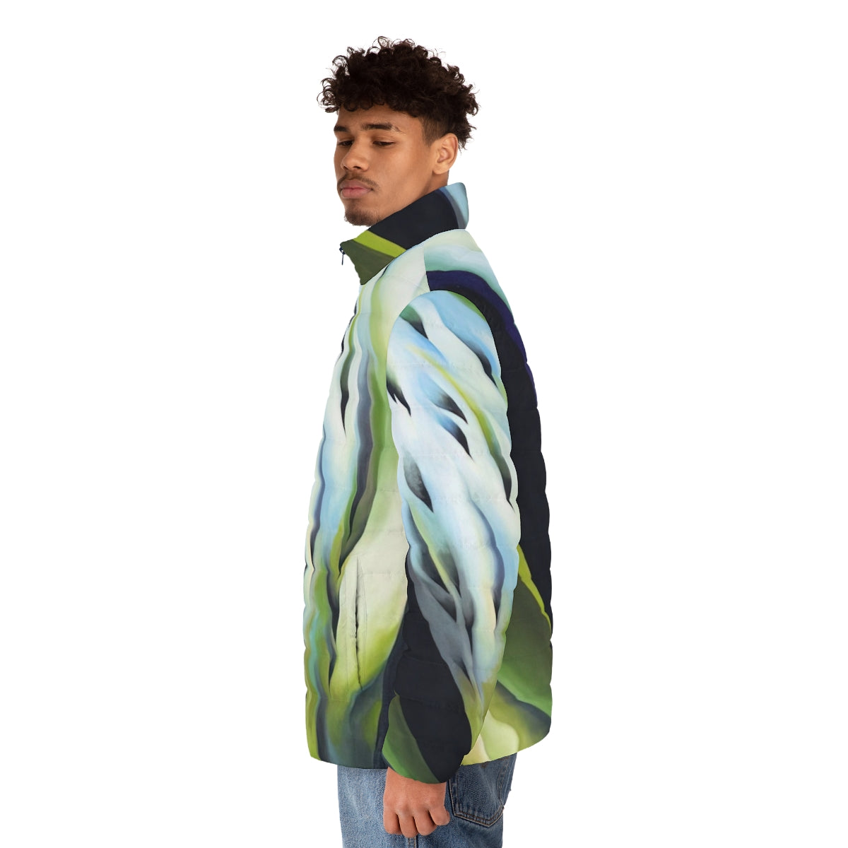 Georgia O'Keeffe inspired puffer jacket with vibrant blue and green floral abstraction design - men side left