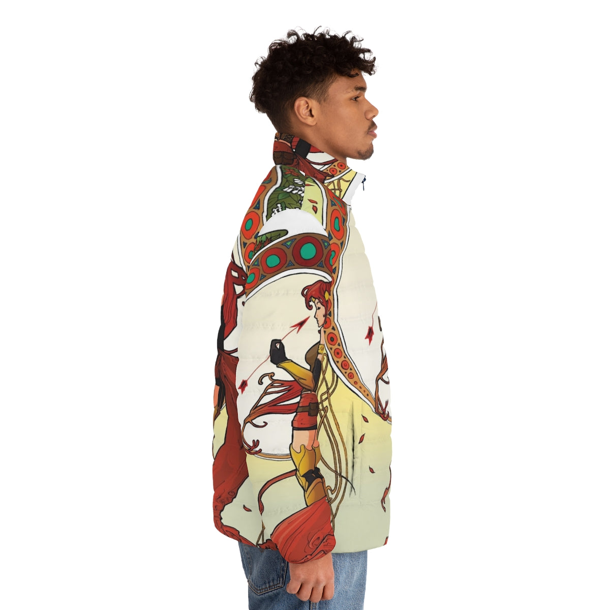 A puffer jacket featuring a striking anime-inspired graphic design with a redhead gladiator character - men side right