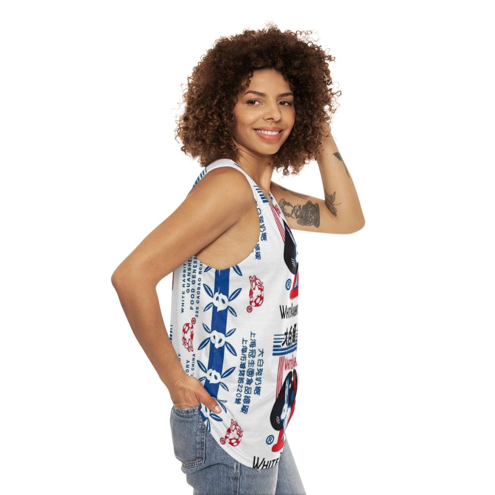 Unisex white tank top with white rabbit candy design - women side