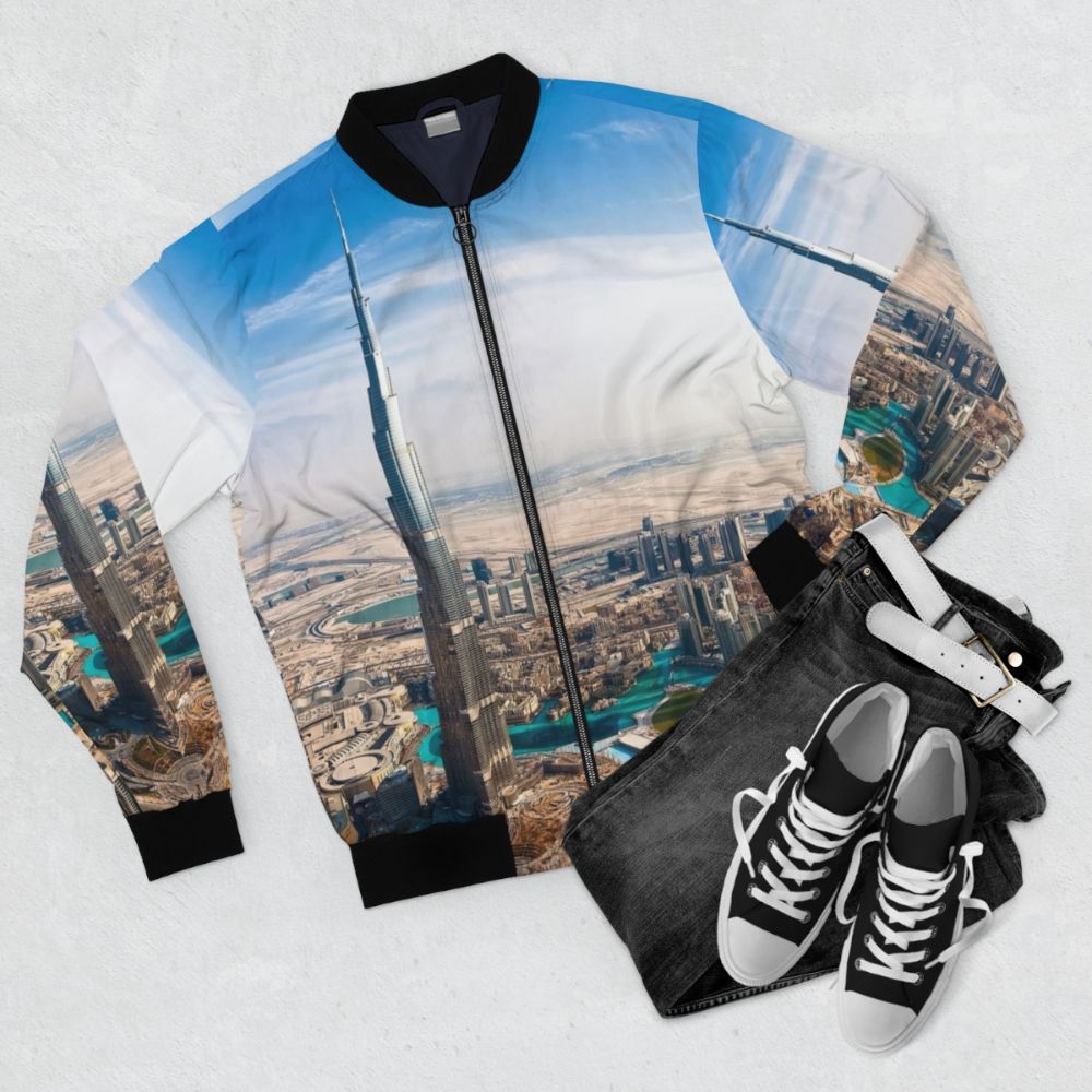 Dubai-inspired bomber jacket with UAE and Burj Khalifa design - Flat lay