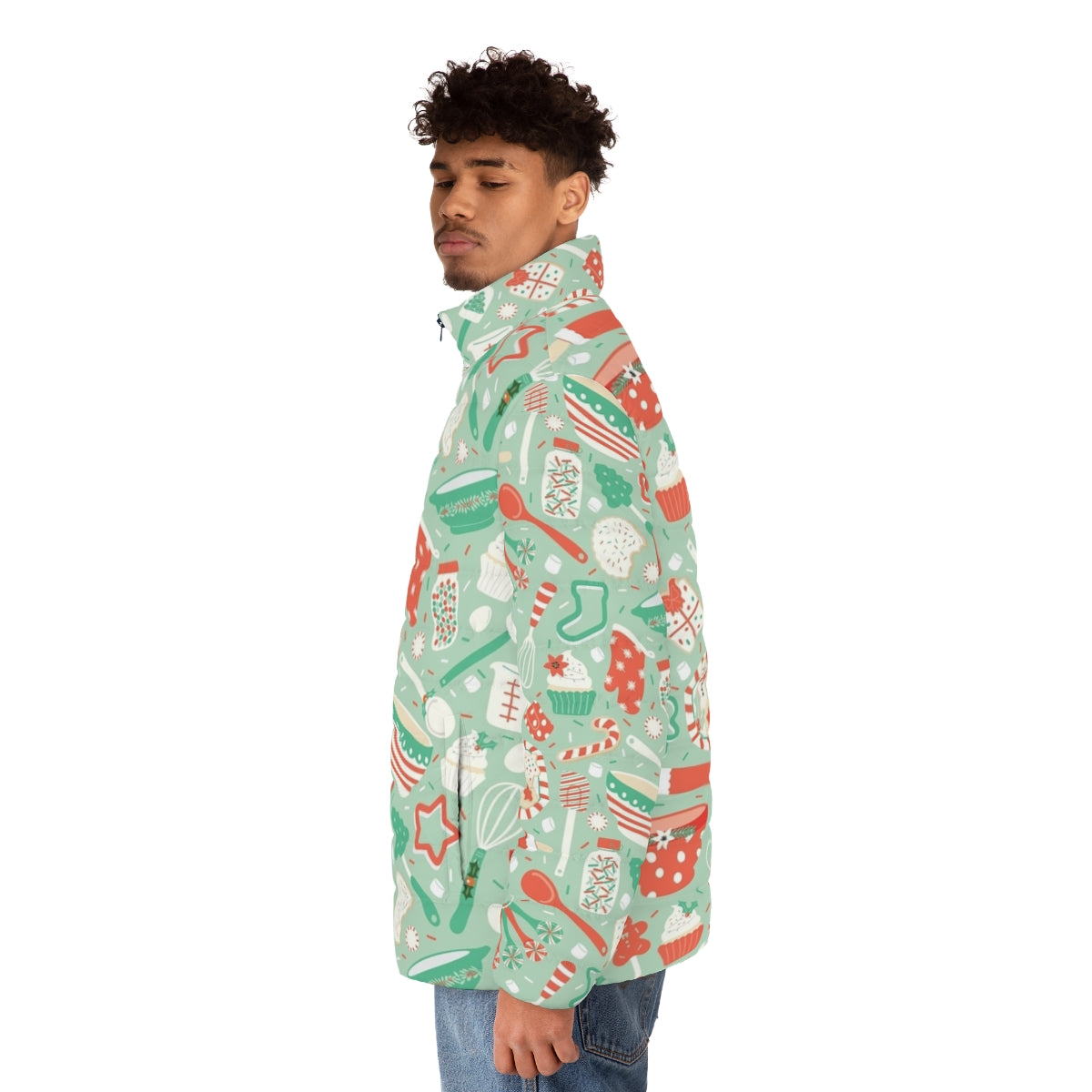 Christmas baking puffer jacket with festive holiday patterns and designs - men side left