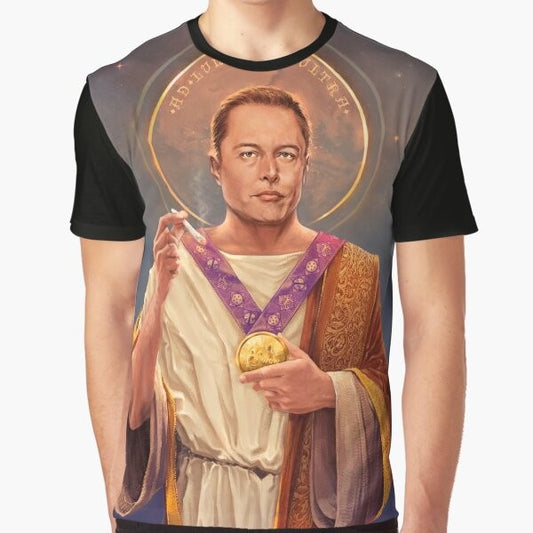 Elon Musk space exploration graphic t-shirt featuring a pop art style religious-inspired painting of Elon Musk.