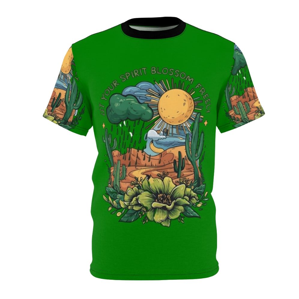 Vibrant floral graphic design featuring blooming flowers, greenery, and a starry sky on a comfortable t-shirt.