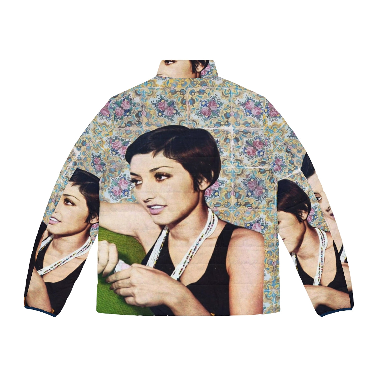 Vintage puffer jacket featuring Iranian singer Googoosh on a couch - Back