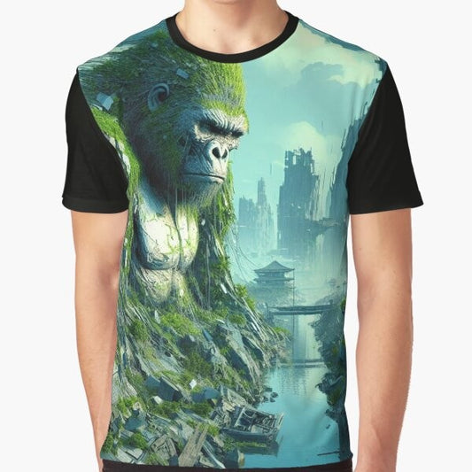 Gorilla mountain graphic on a t-shirt, featuring a nature landscape