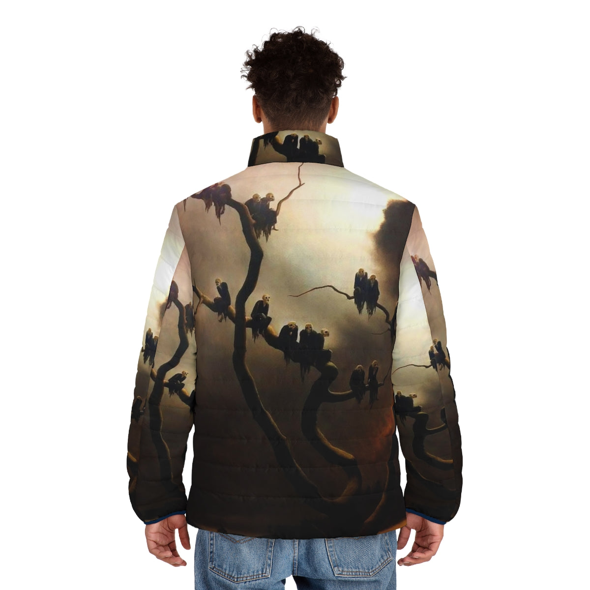 Retro puffer jacket with a surreal, haunting design featuring ghostly figures in a tree - men back