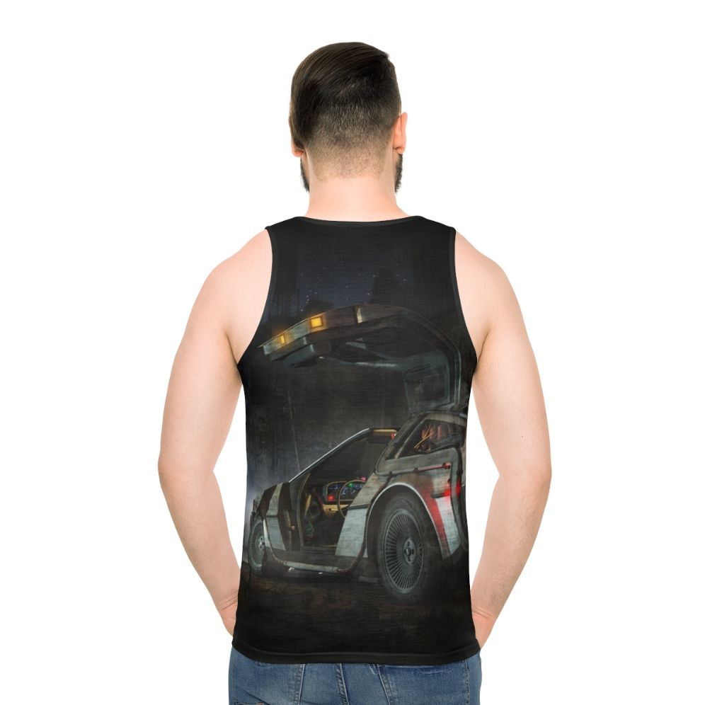 Unisex retro tank top with Back to the Future and Delorean design - men back