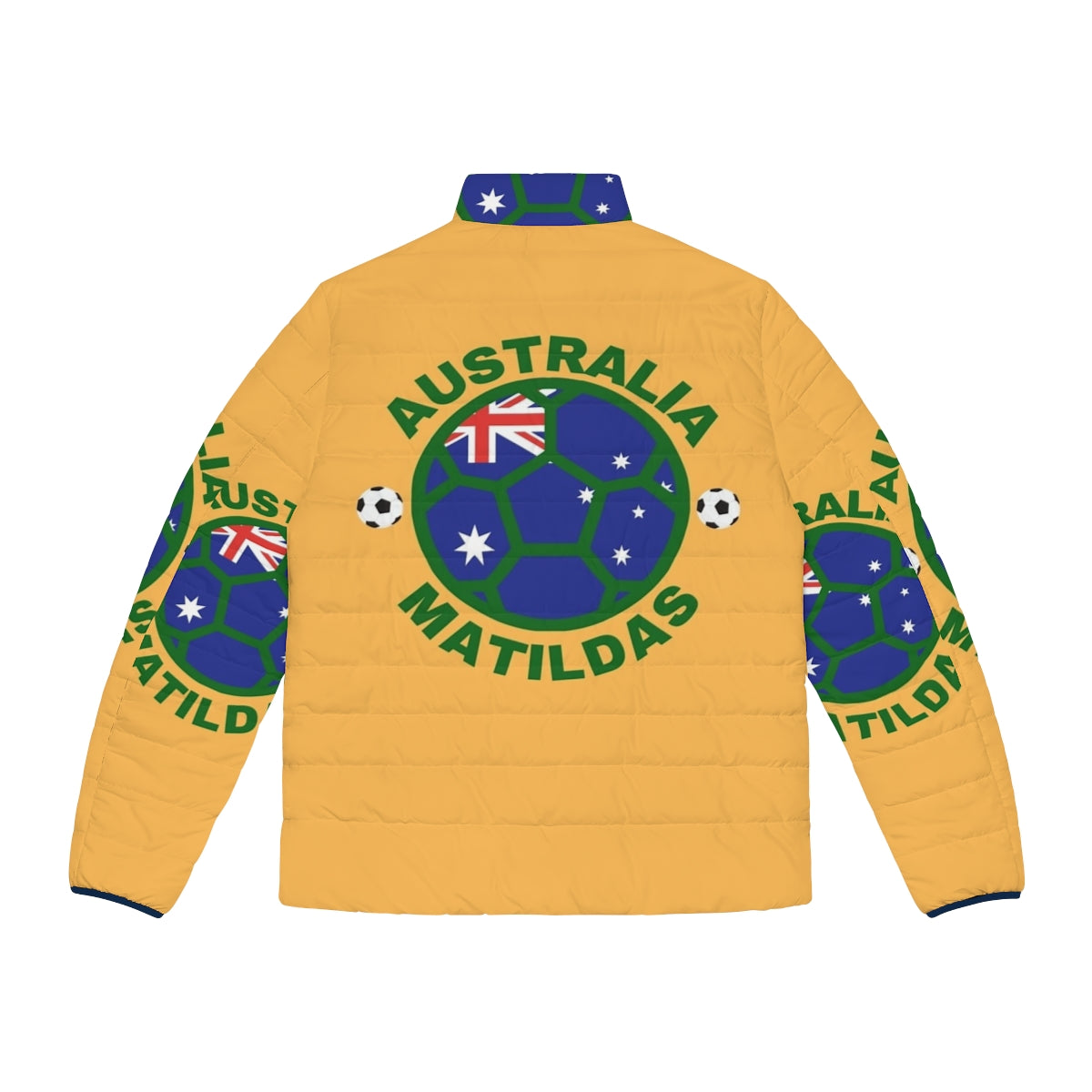 Australia Matildas Women's Soccer Team Puffer Jacket featuring the team logo and colors - Back