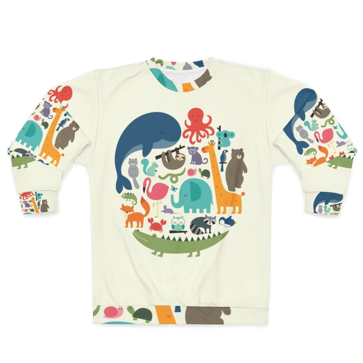 "We Are One" ethical animal print sweatshirt featuring various wildlife animals