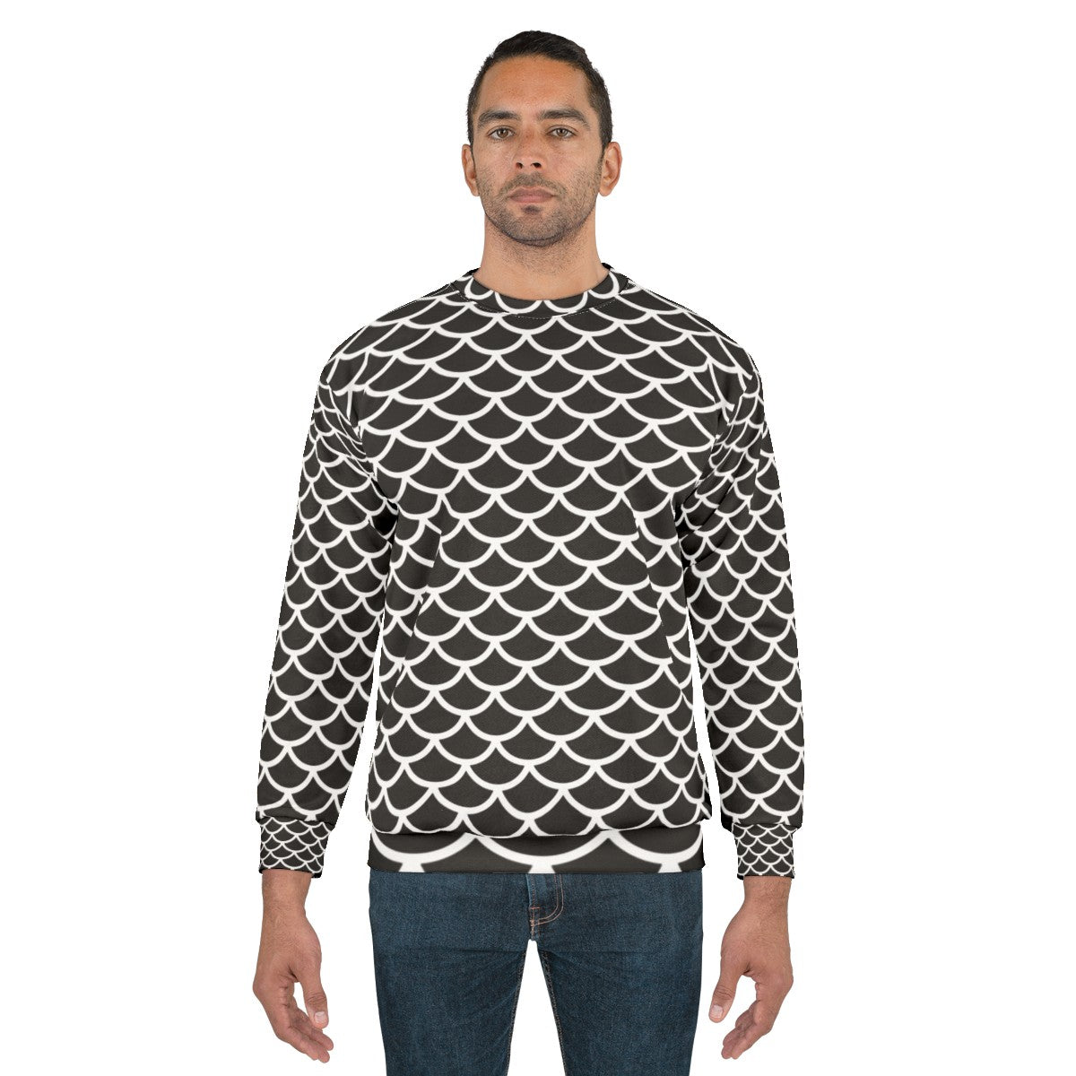 Black and white fish scale geometric pattern sweatshirt - men