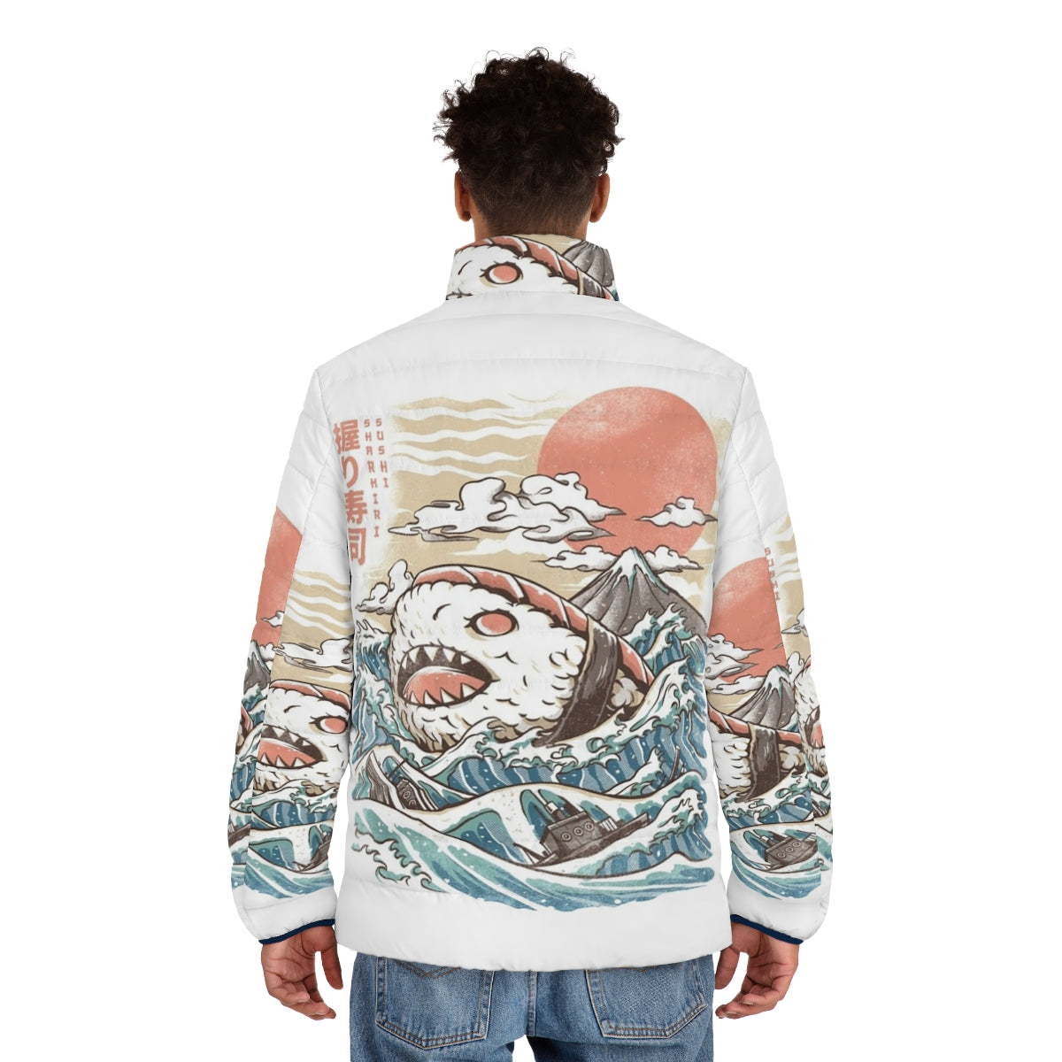 Sharkiri Sushi Puffer Jacket with anime-inspired sushi and shark design - men back