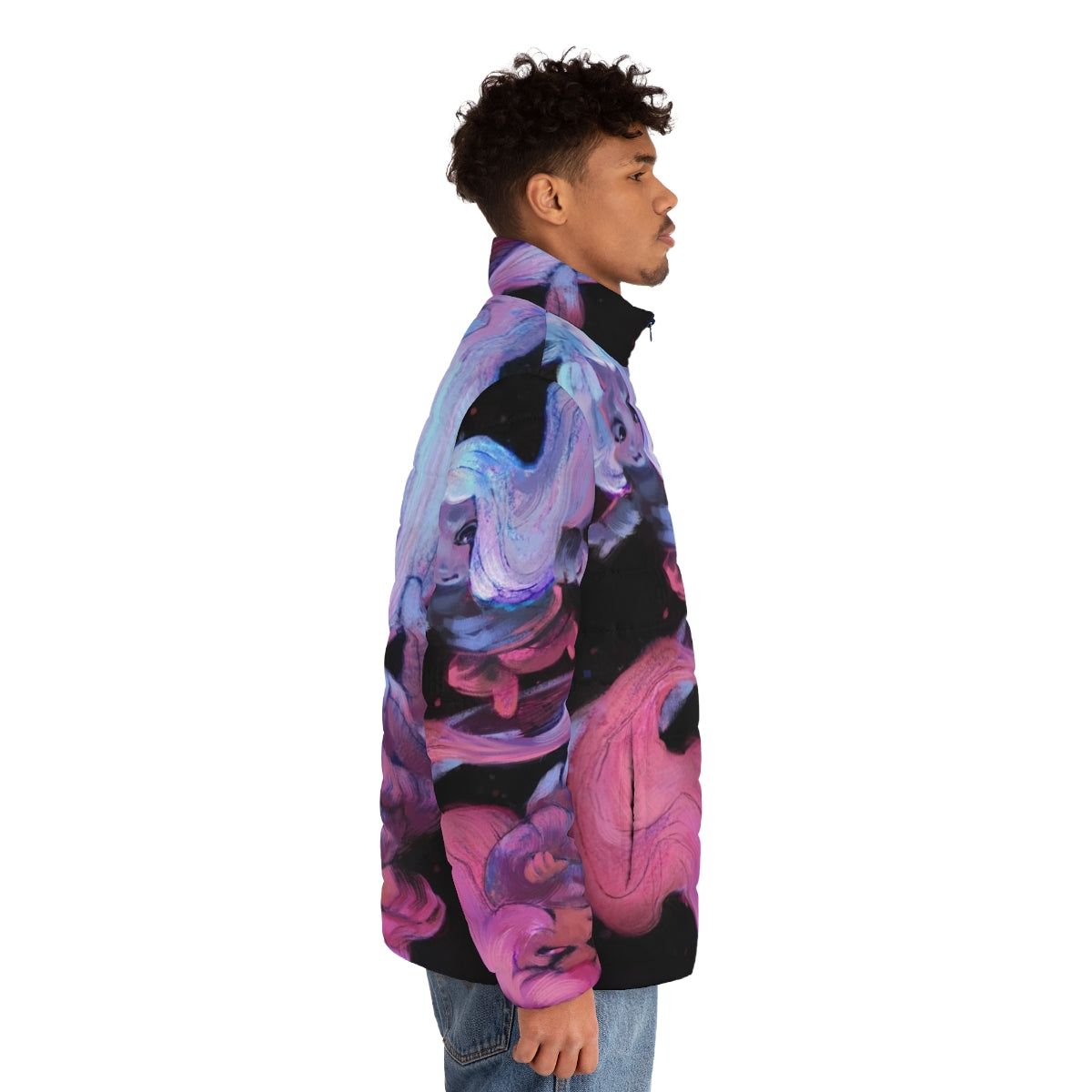 Celeste Puffer Jacket featuring the iconic character Madeline in a space-themed design - men side right