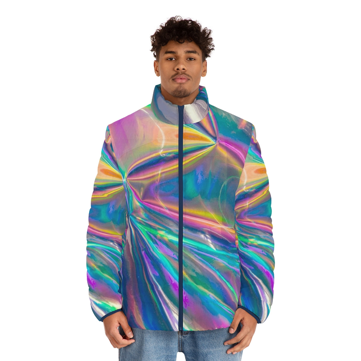 Holographic puffer jacket in vibrant rainbow colors - men front