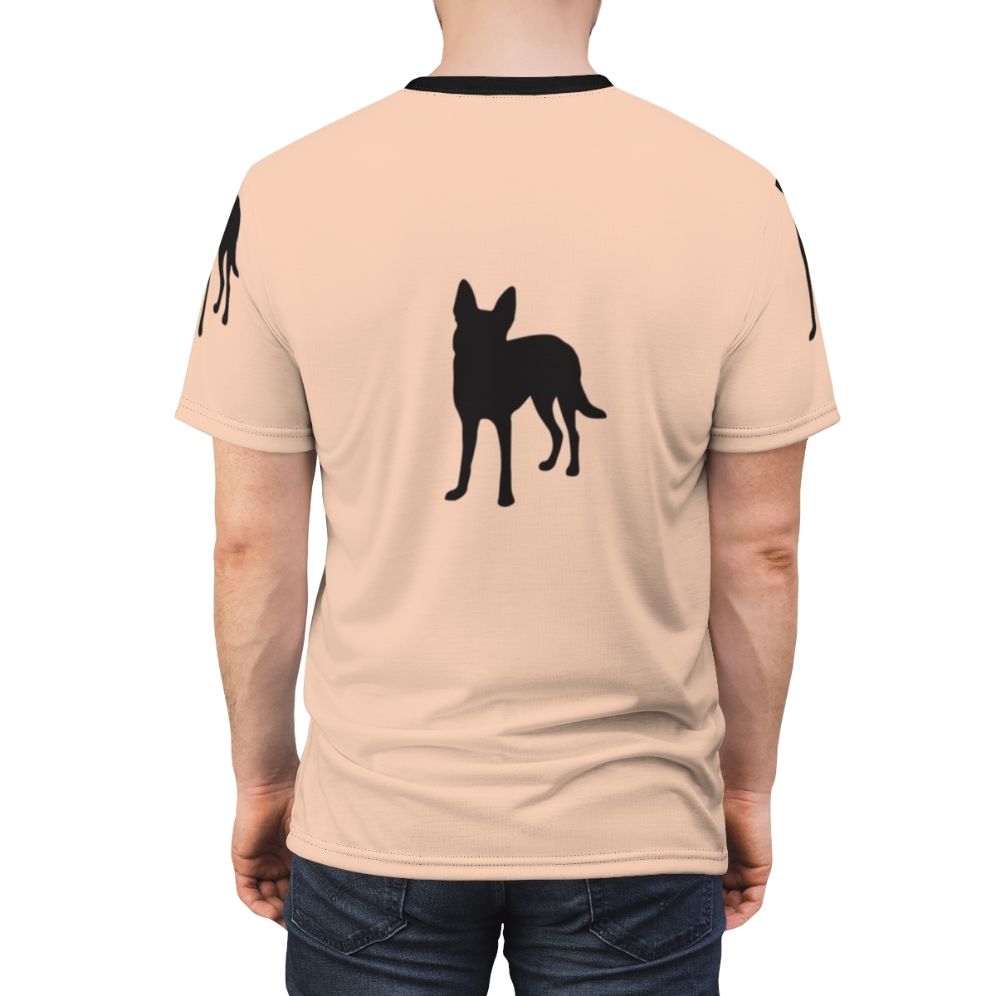 Photograph of a person wearing a t-shirt featuring the carolina dog breed and American flag design - men back