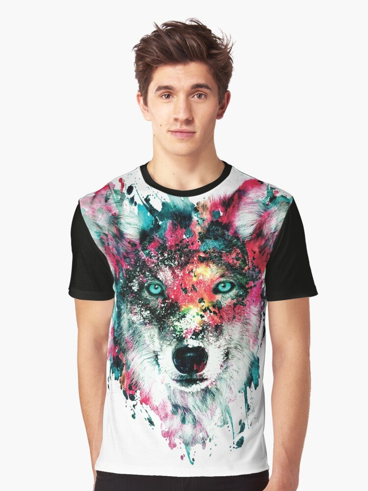 Vibrant and abstract watercolor wolf face graphic t-shirt design - Men