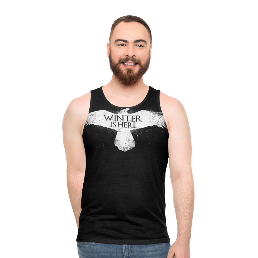 Winter Is Here Unisex Tank Top with White Raven Design - men