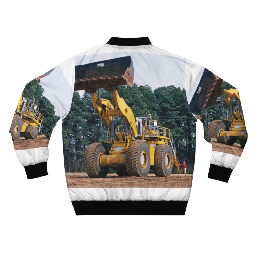 A bomber jacket with wheel loader equipment graphic design, showcasing industrial technology and machinery. - Back