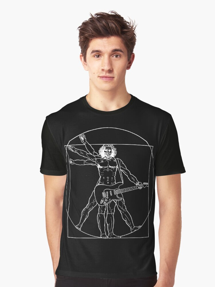 Vetruvian man graphic t-shirt with electric guitar, inspired by Leonardo da Vinci's classical artwork - Men