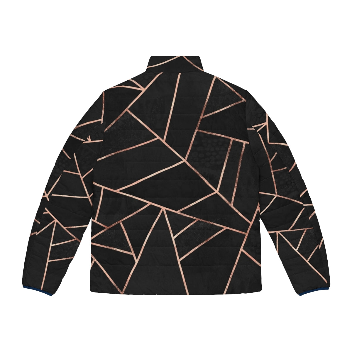 Black and rose gold puffer jacket with abstract geometric design - Back