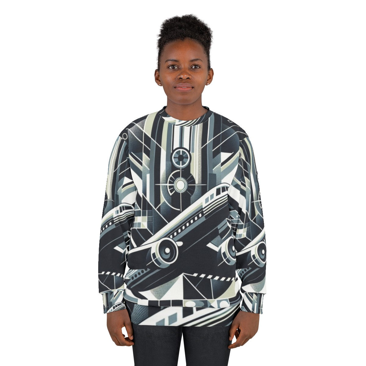 Skyward bound sweatshirt with aviation inspired abstract technology design - women