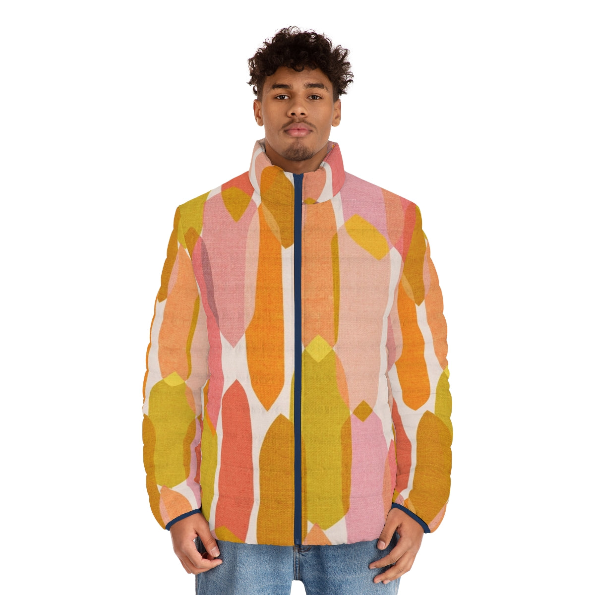 Colourful mid-century inspired puffer jacket with abstract geometric droplet print - men front