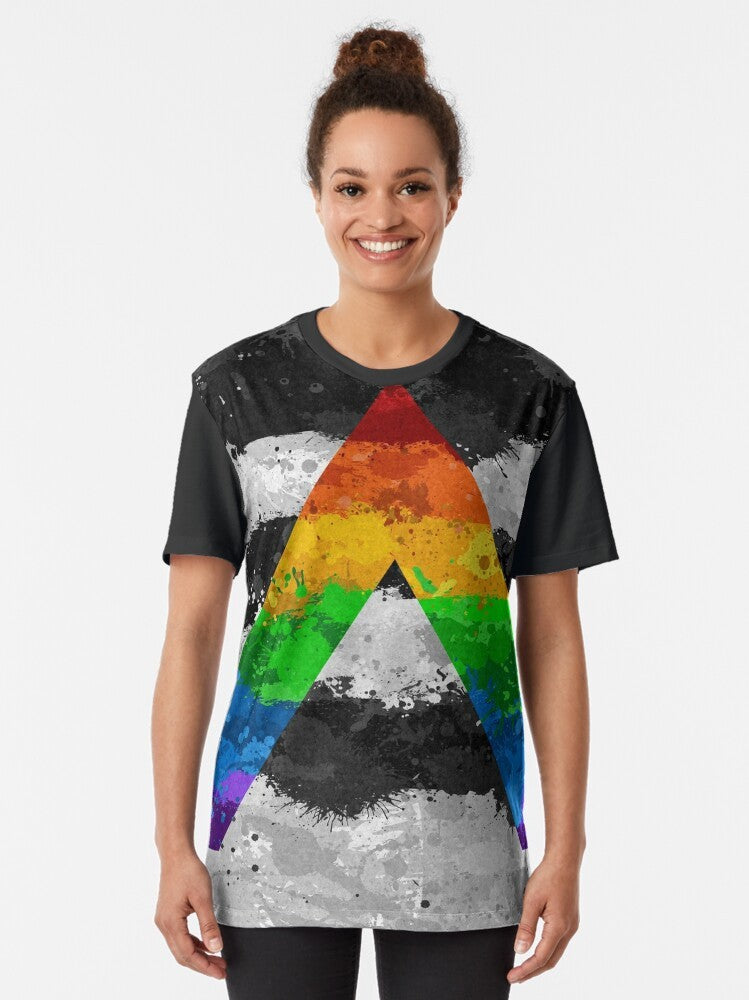 Abstract paint splatter design in the colors of the LGBT pride flag on a graphic t-shirt - Women