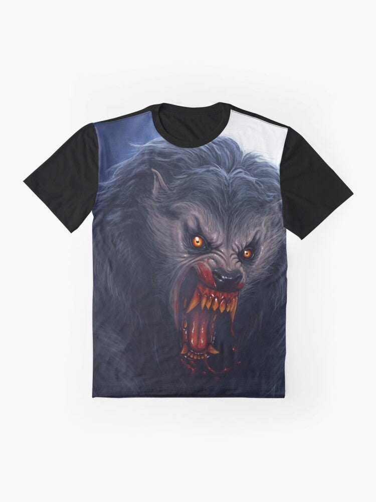 Beware the moon! Graphic t-shirt featuring a classic werewolf design inspired by the film "An American Werewolf in London". - Flat lay