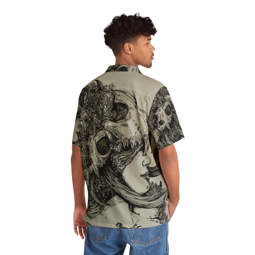 Tropical floral Hawaiian shirt with ink skull wolf antlers design - People Back