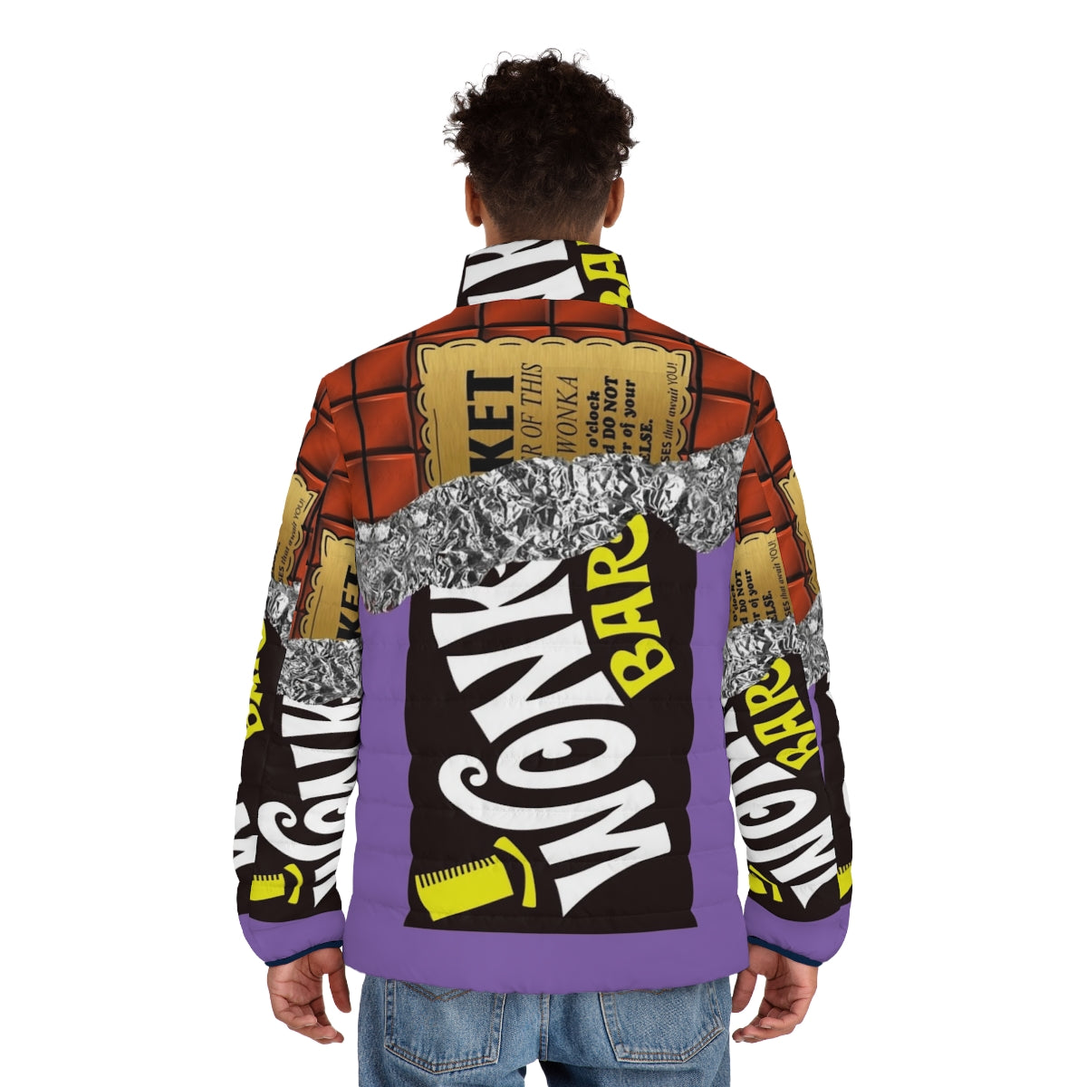 A vibrant puffer jacket featuring the iconic Wonka's Golden Ticket design, perfect for chocolate-loving winter fashionistas. - men back