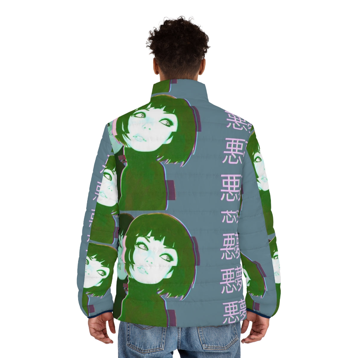 Vaporwave anime girl wearing a puffer jacket with retro 80s aesthetic - men back