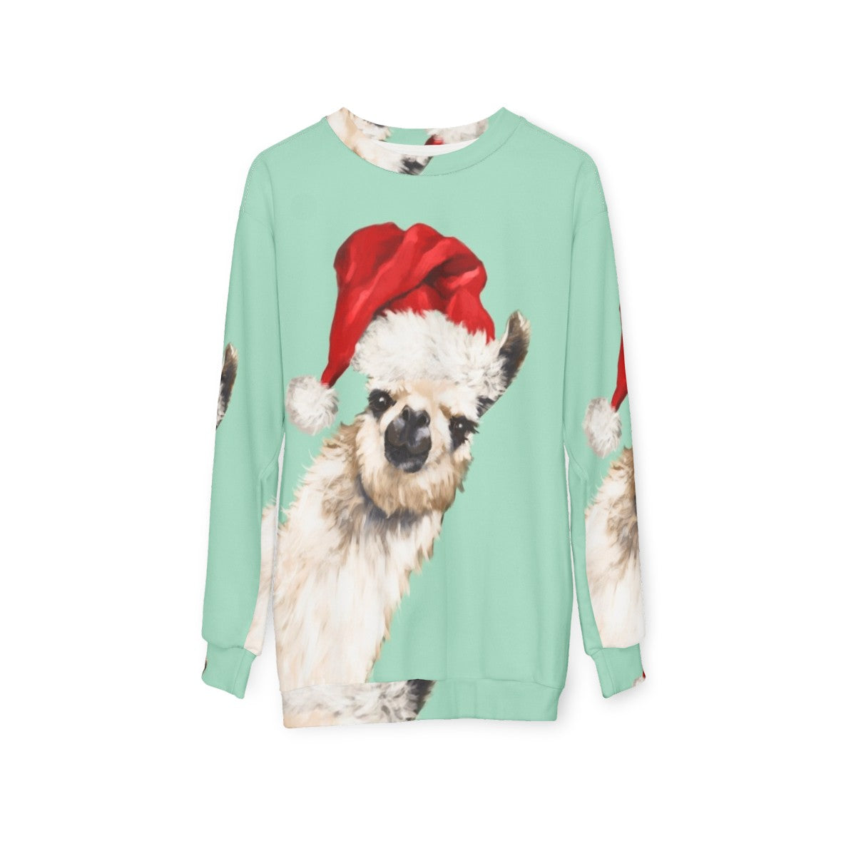 Cozy green Christmas llama sweatshirt - hanging