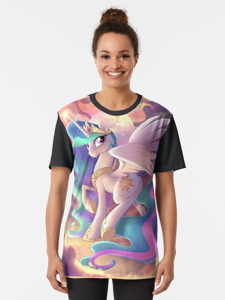 Graphic T-shirt design featuring Princess Celestia, the alicorn princess of the sun in the My Little Pony universe. - Women